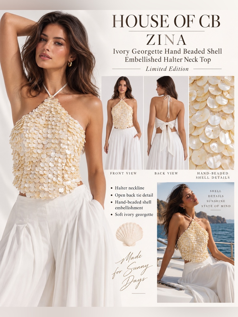 House of CB Zina Ivory Hand Beaded Shell Halter Neck Top Limited Edition